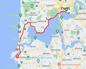 A GPS track showing the route from Perth to Fremantle